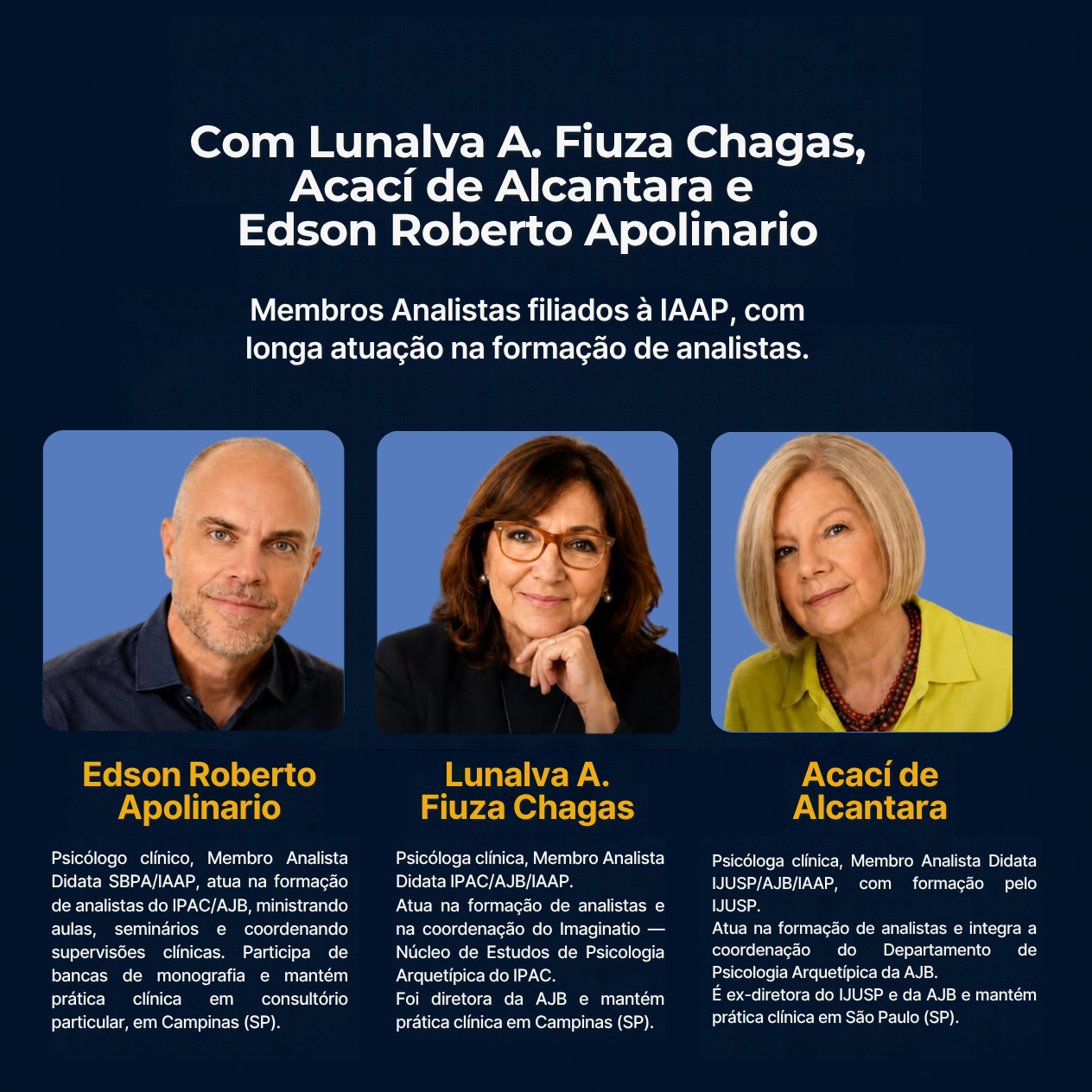 Psicólogo clínico, Membro Analista Didata SBPAIAAP, atua na formação de analistas do IPACAJB, ministrando aulas, seminários e coordenando supervisões clínicas. Participa de bancas de monografia e